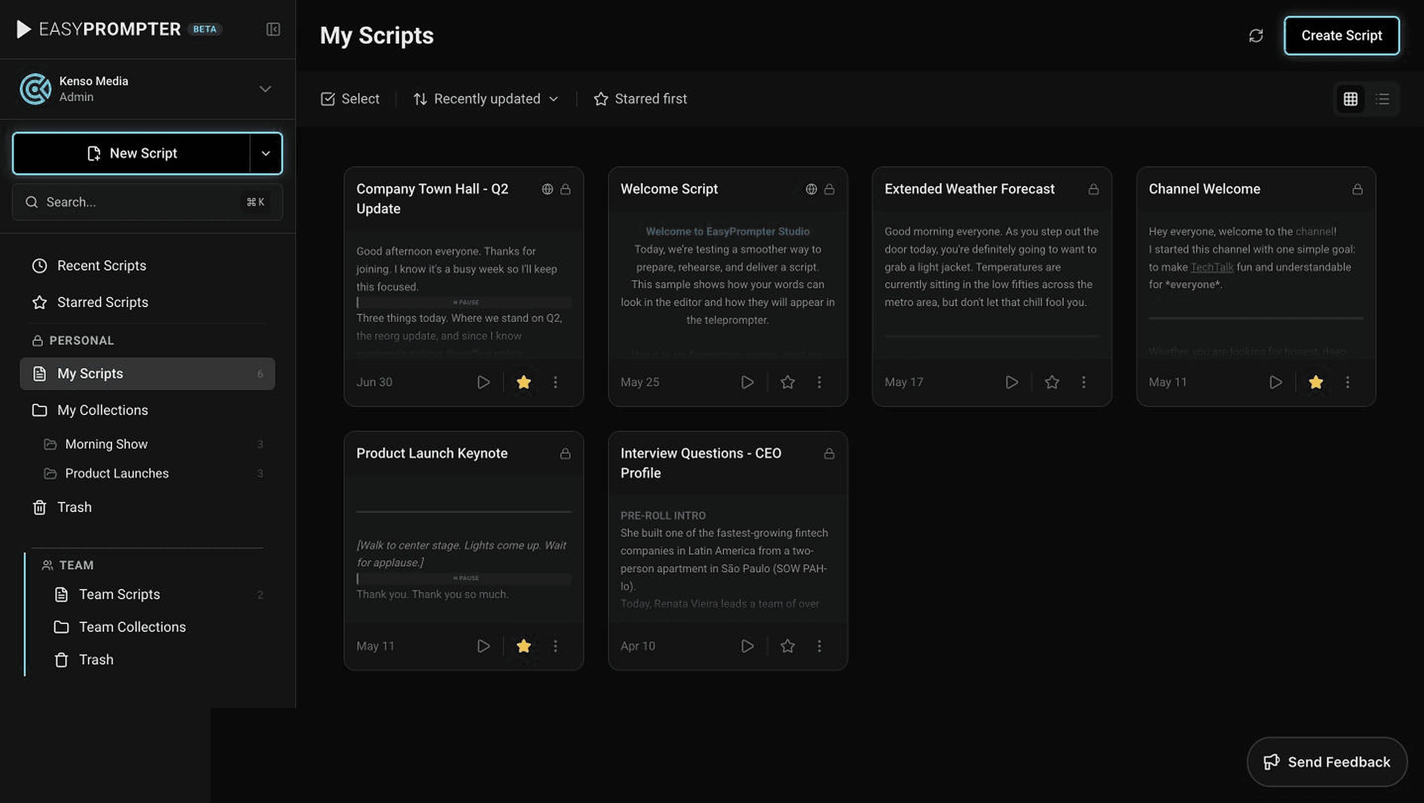 EasyPrompter script dashboard prepared for offline production work