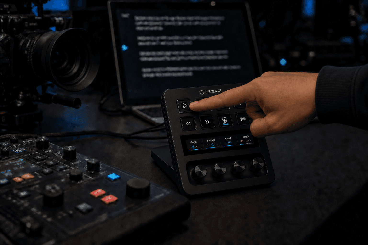 Stream Deck+ showing EasyPrompter playback, marker, script, and rotary production controls