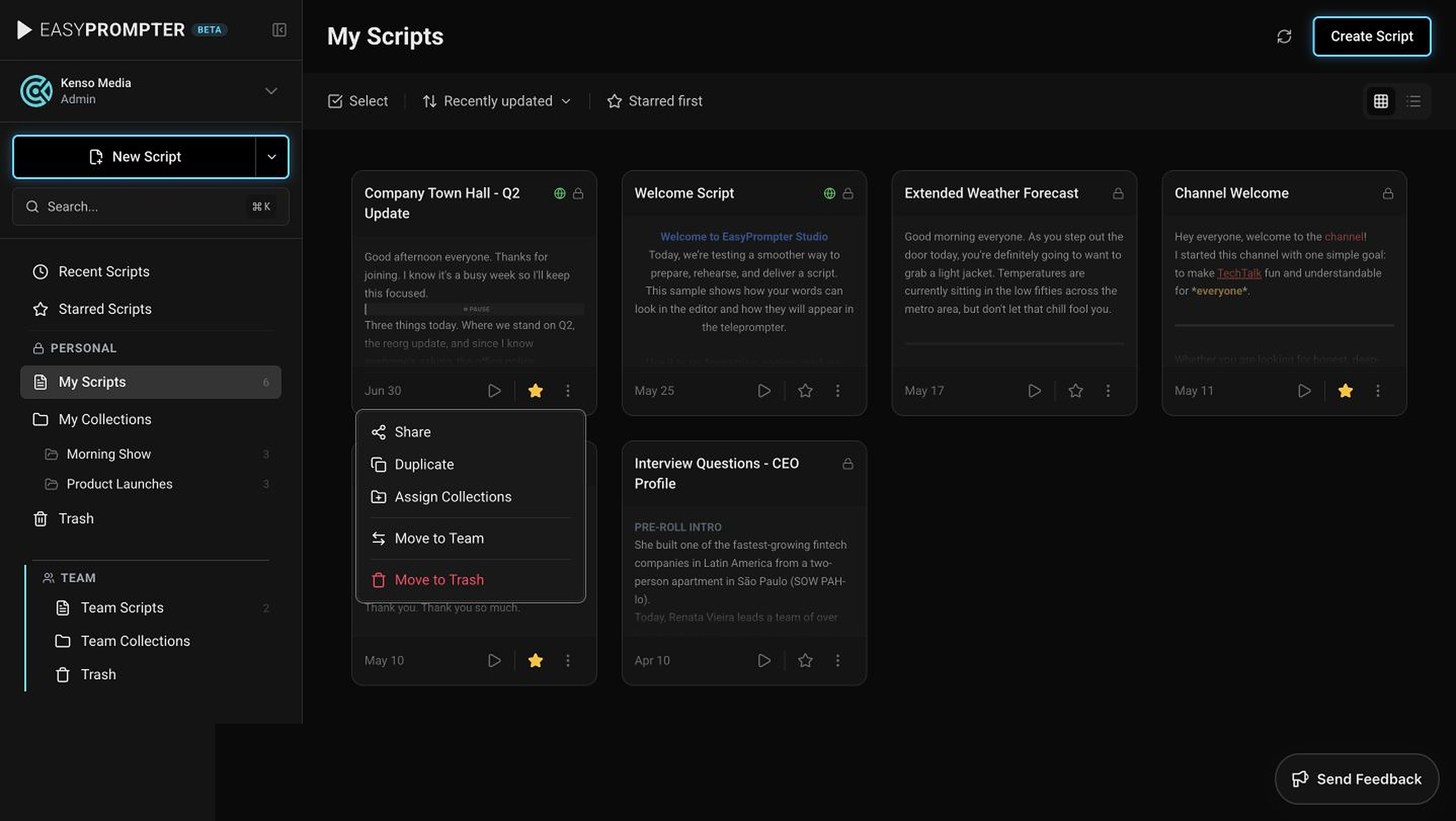 Script actions menu