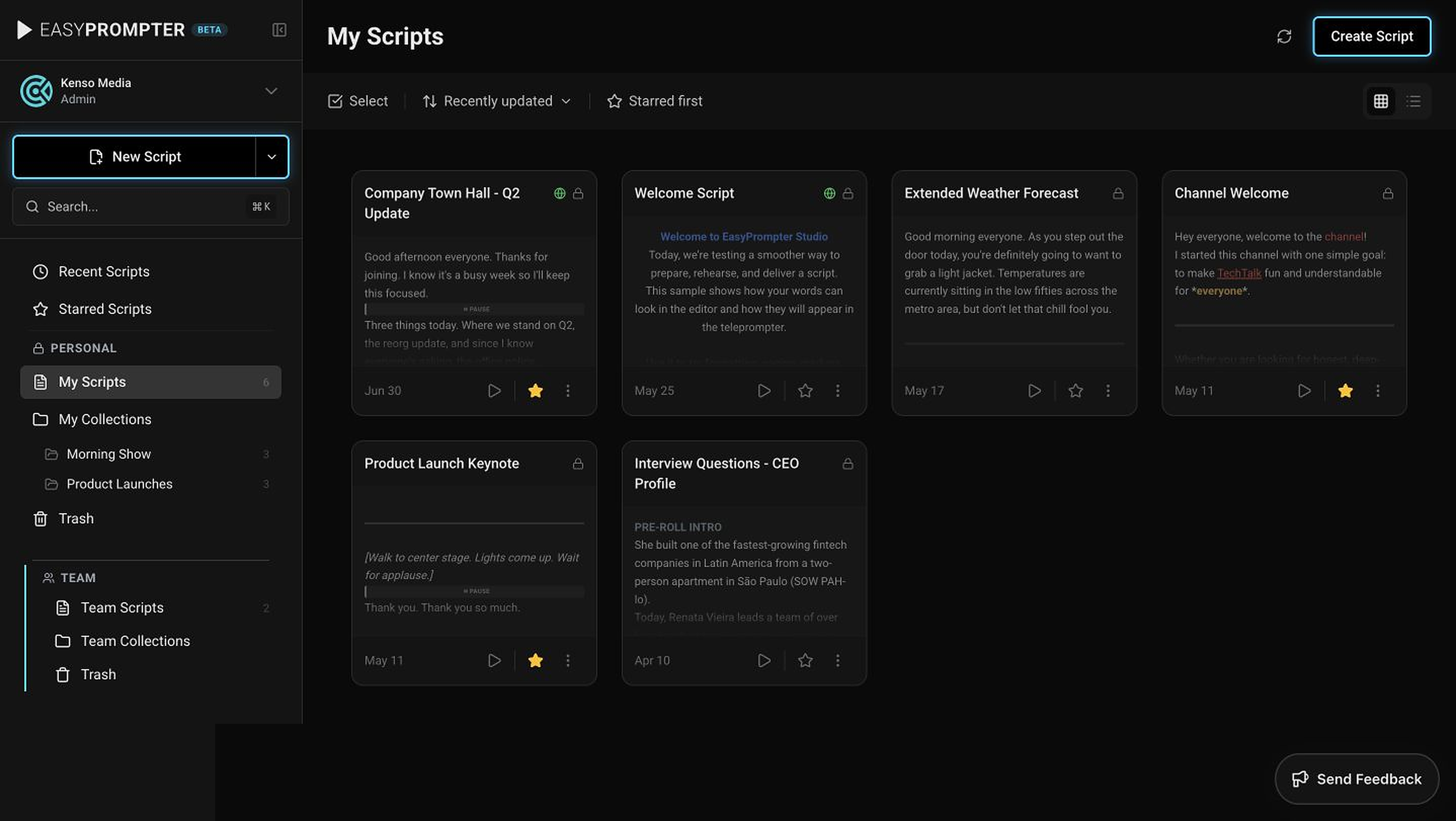 EasyPrompter Scripts dashboard in grid view