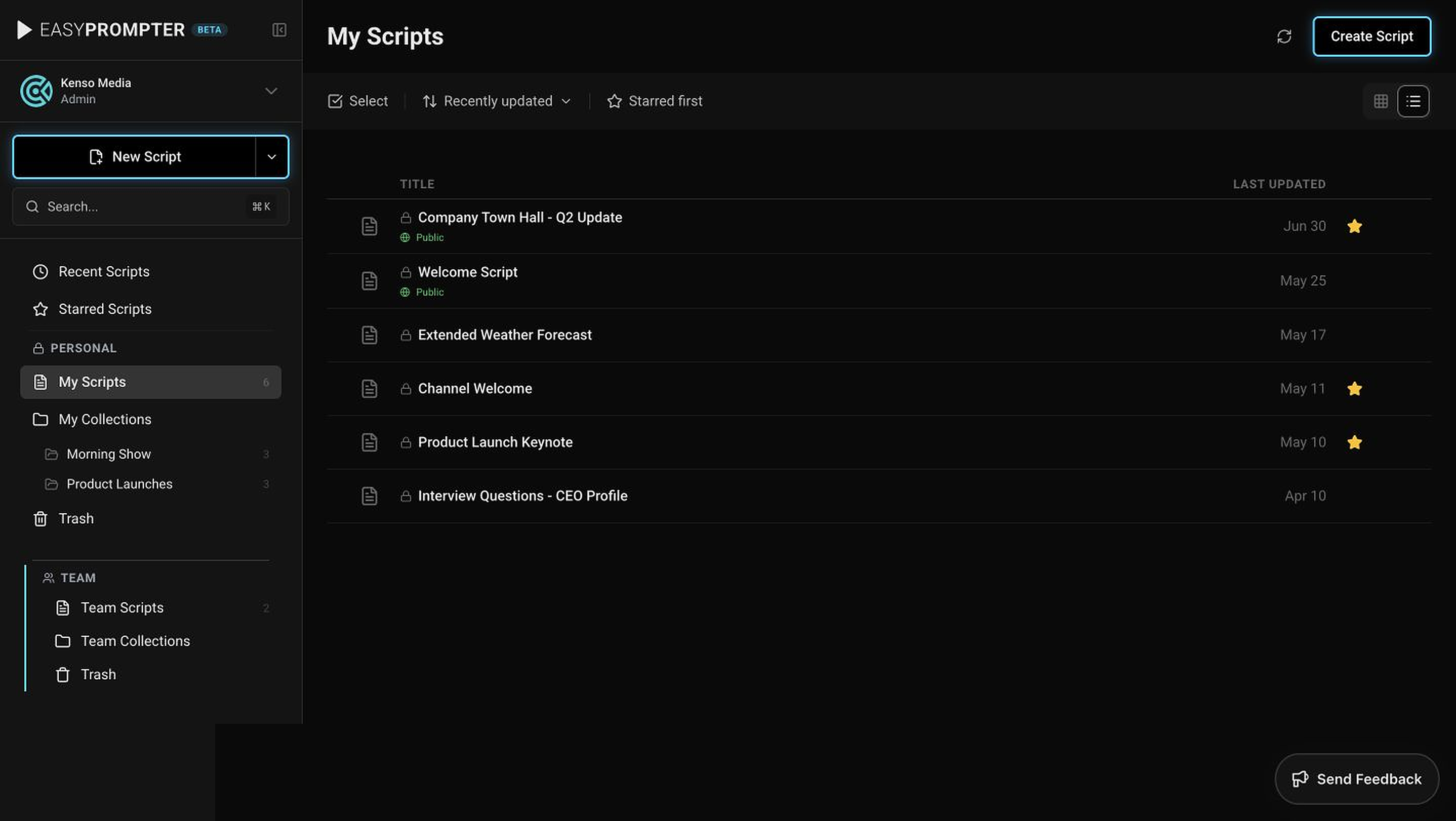 EasyPrompter Scripts dashboard in list view