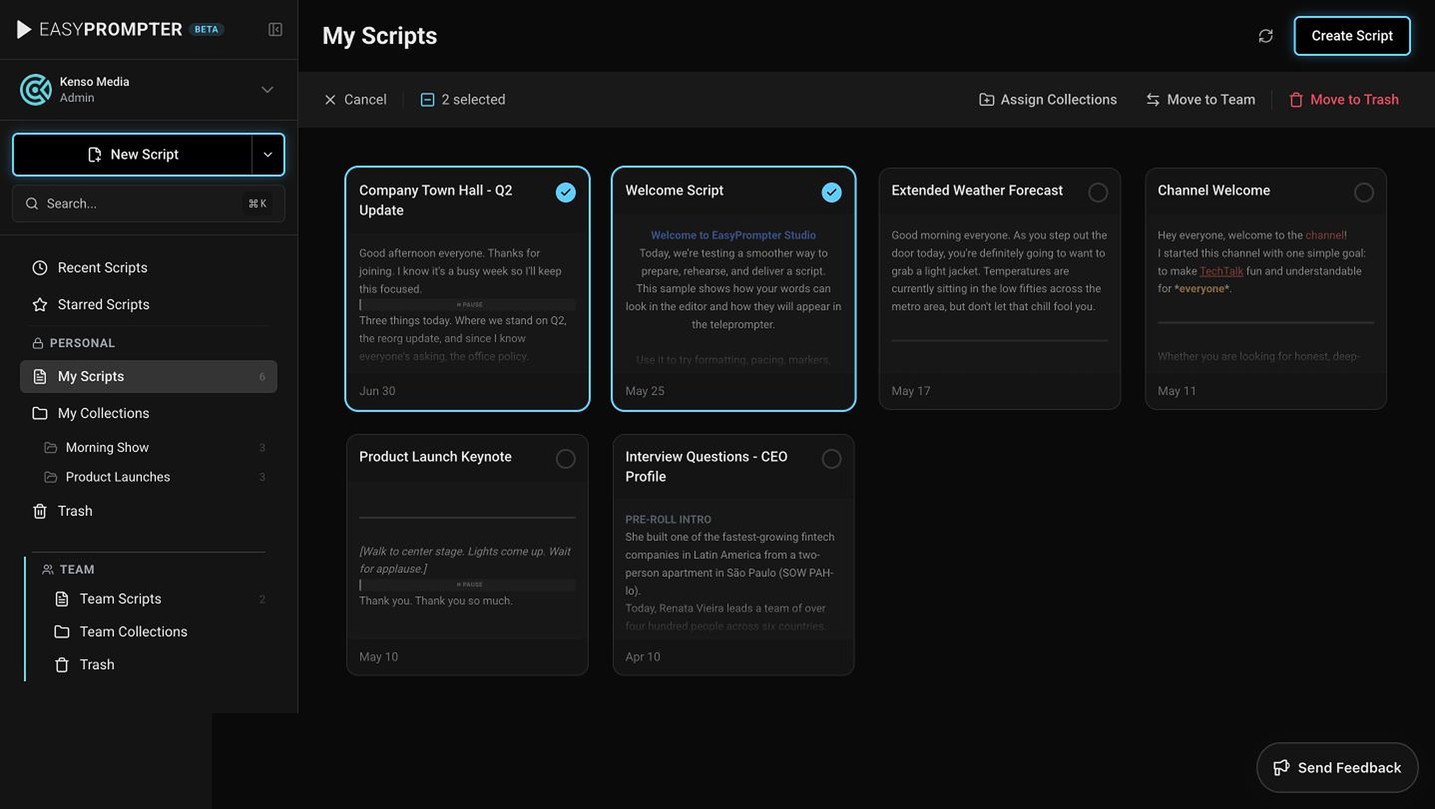 Scripts selected on the dashboard