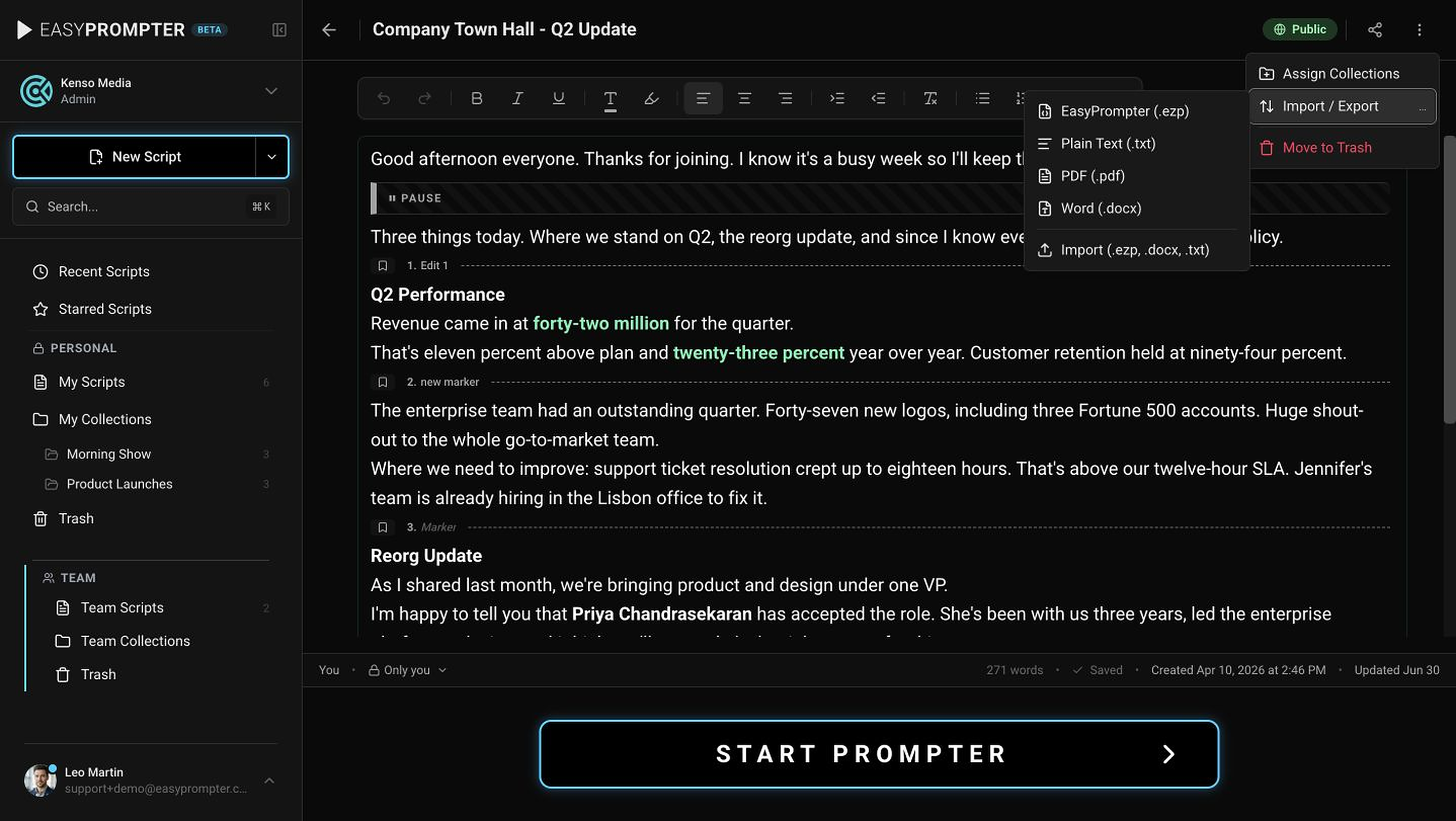 Script editor Import and Export menu