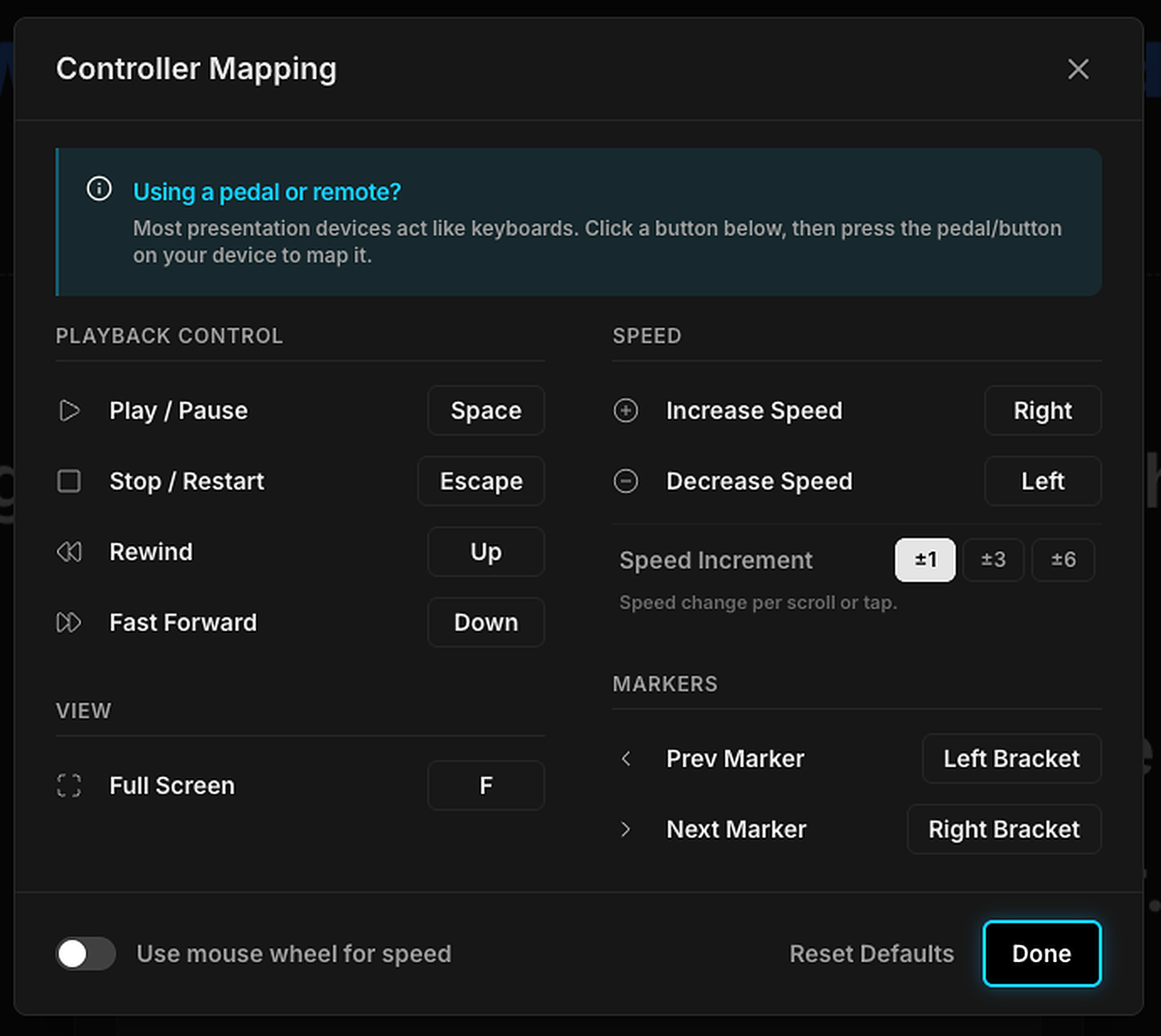 Controller Mapping dialog for keyboard and pedal controls
