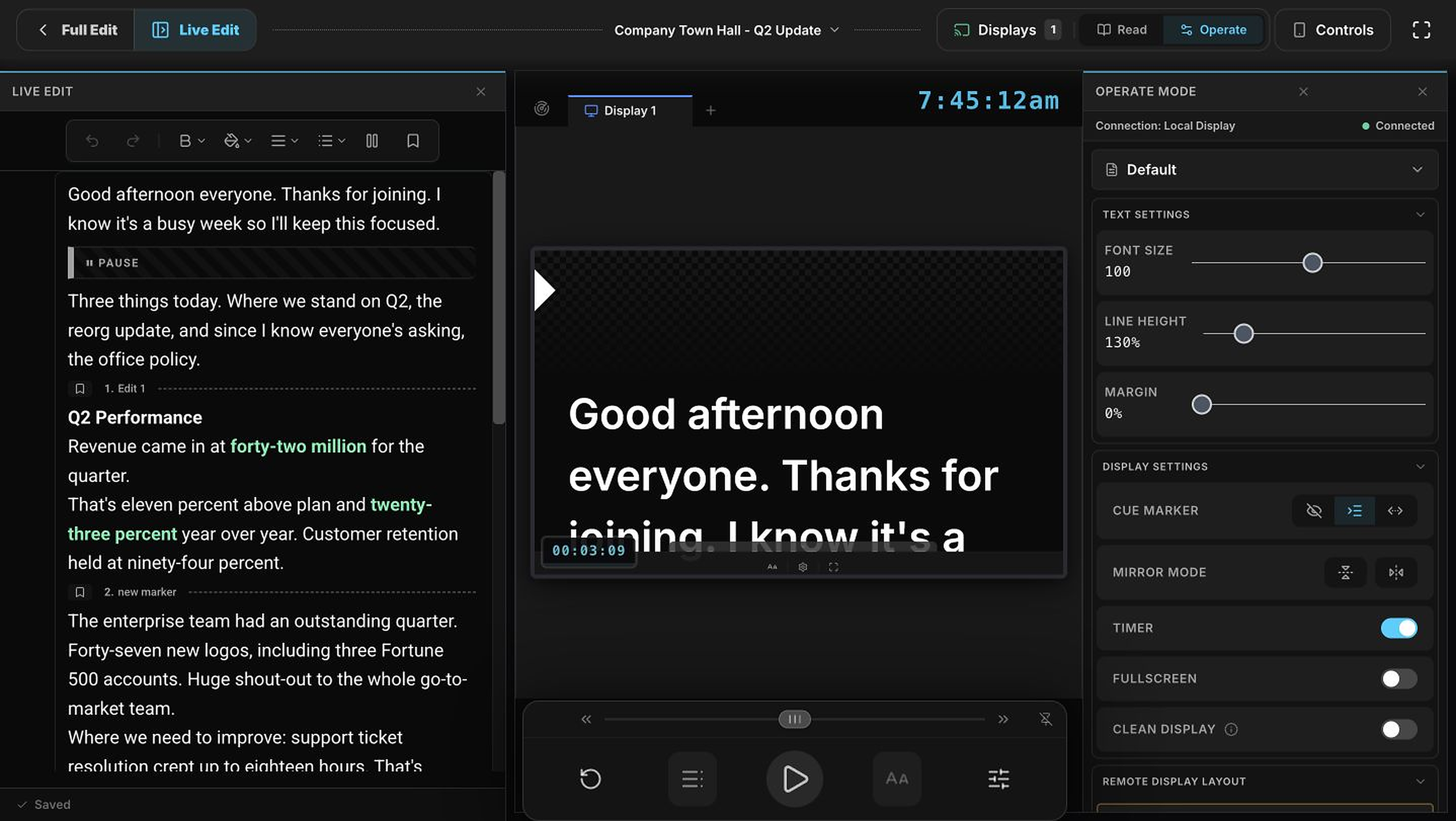 Live Edit beside an Operate Mode display preview
