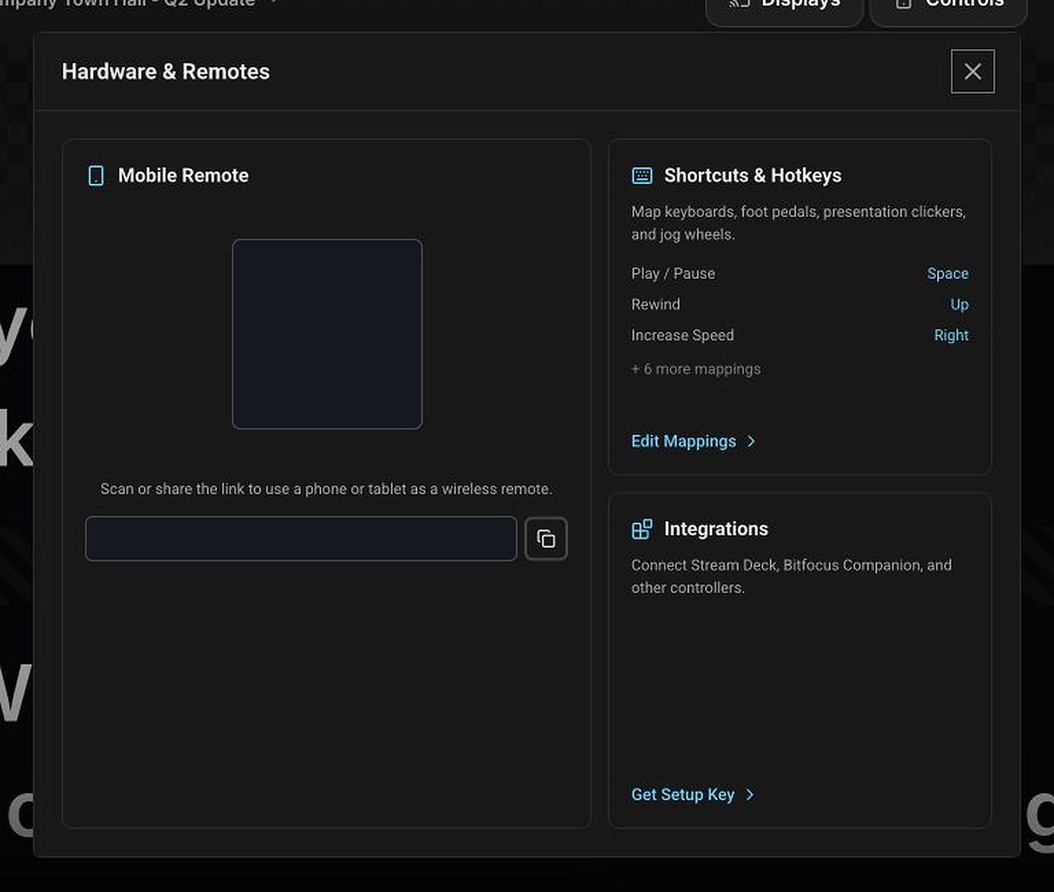 Hardware and Remotes dialog with mobile remote, shortcuts, and integrations
