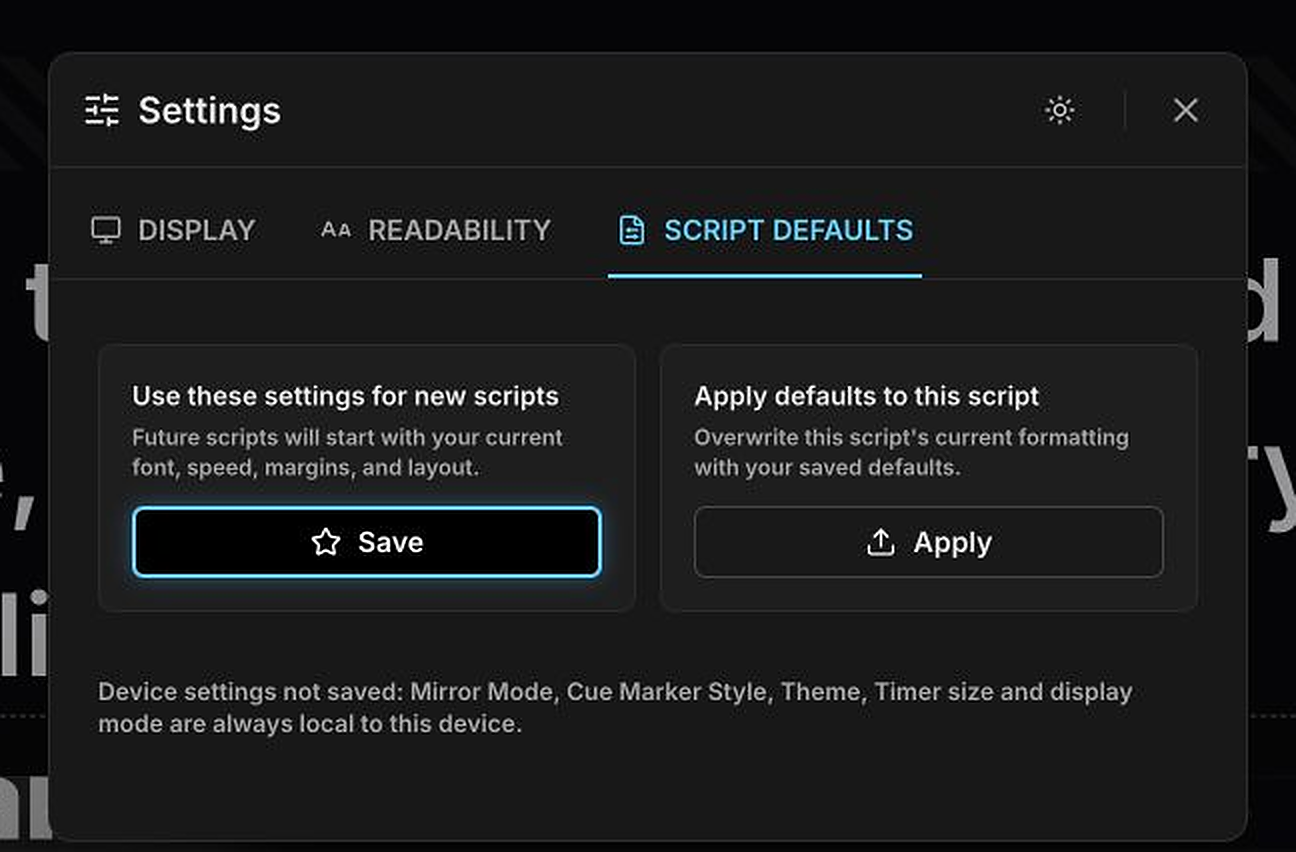 Script Defaults tab with Save and Apply cards