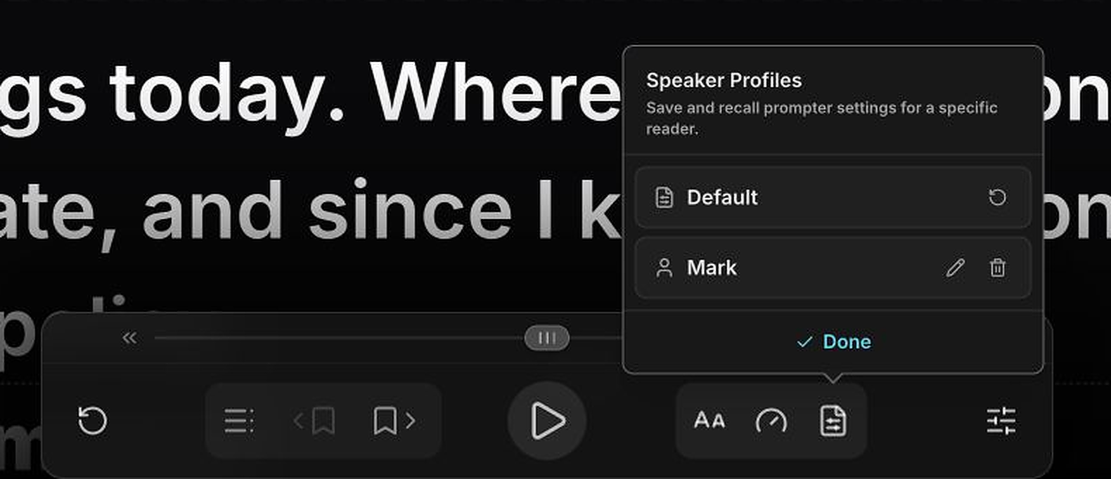 Speaker Profiles popover in Manage mode