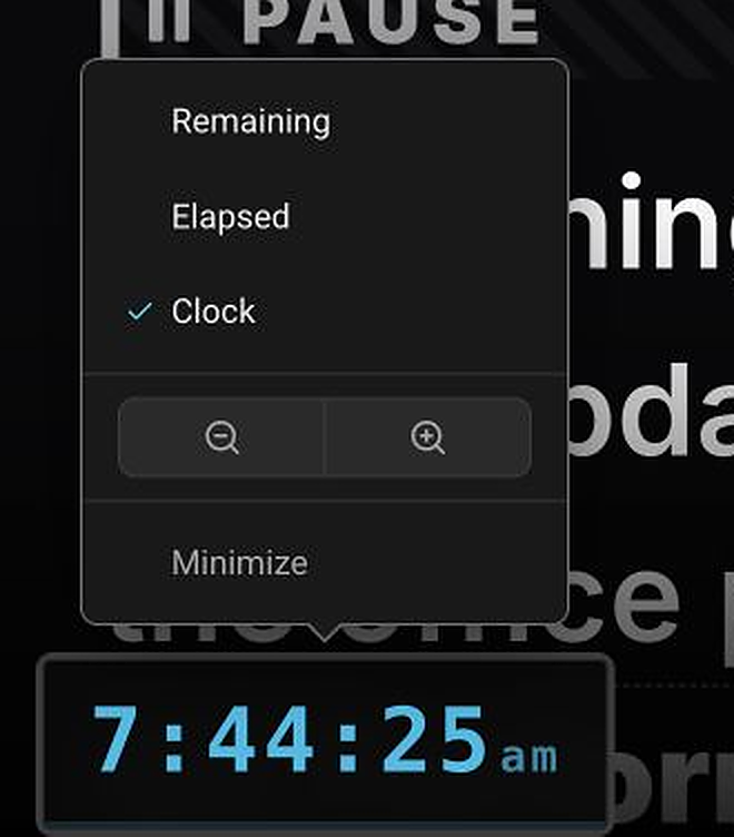 Teleprompter timer menu with display modes and size controls