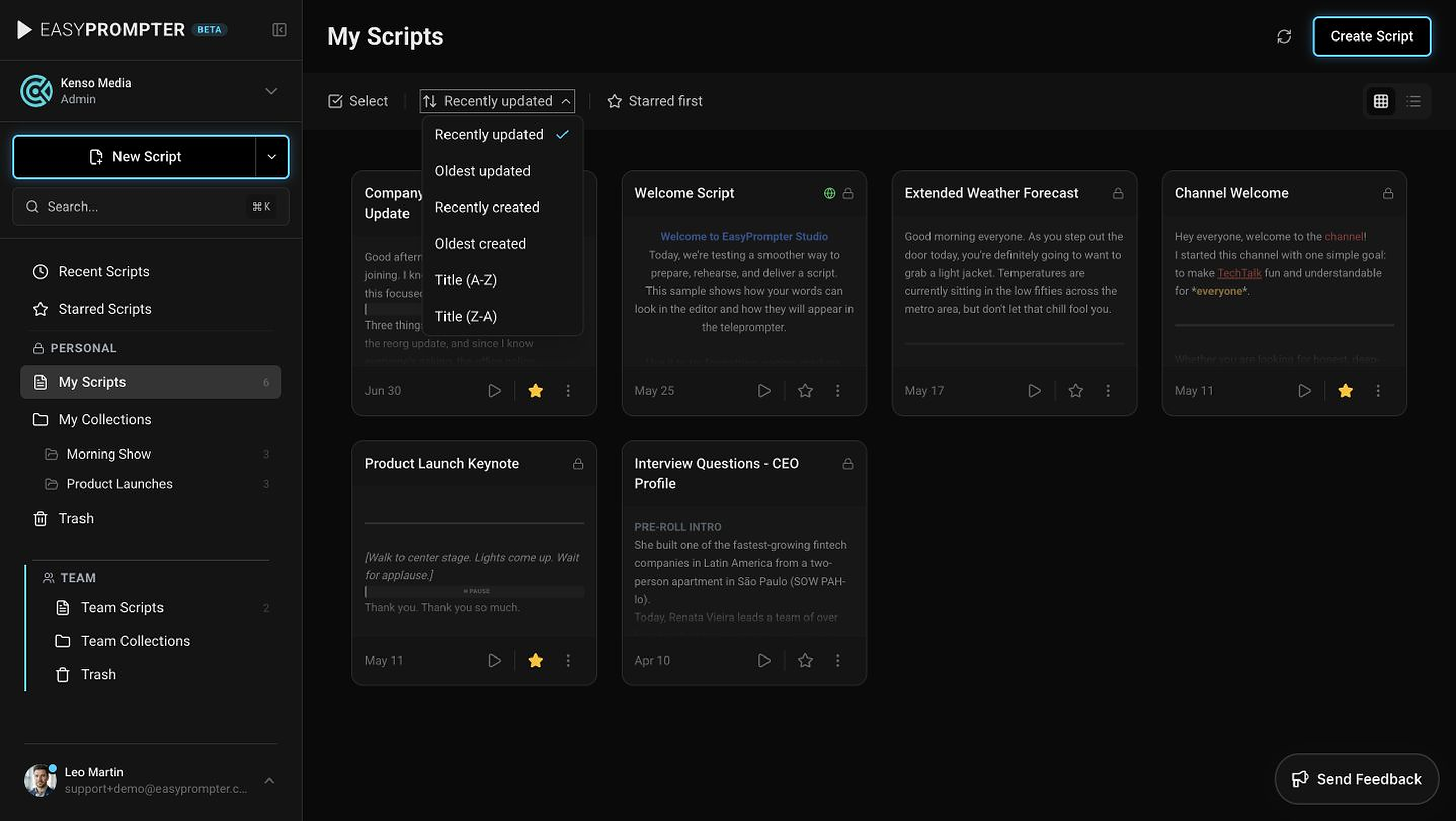 Script sorting options