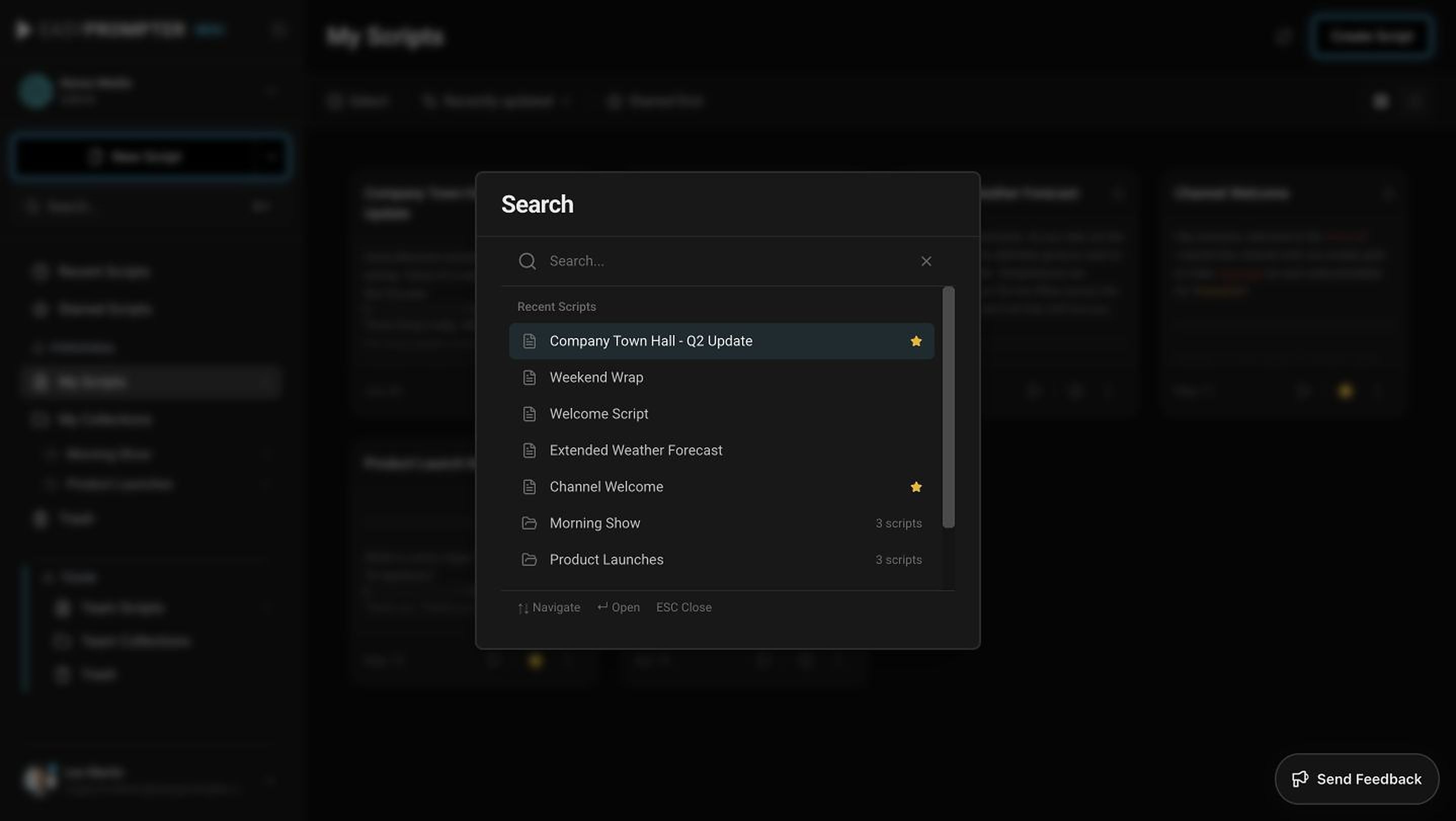 Script search command palette