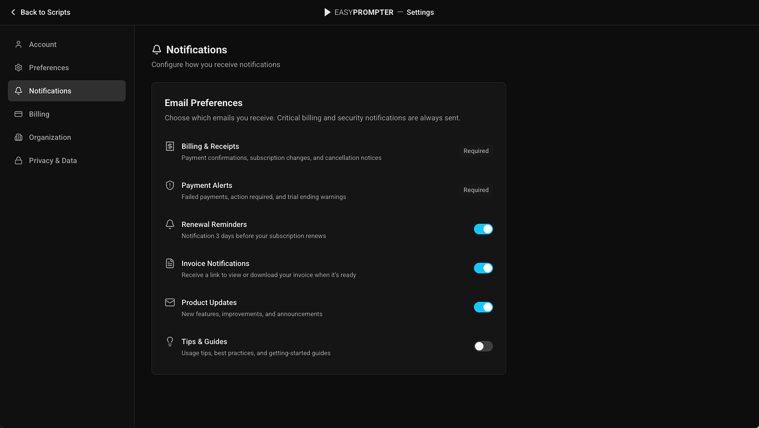 Email notification preferences