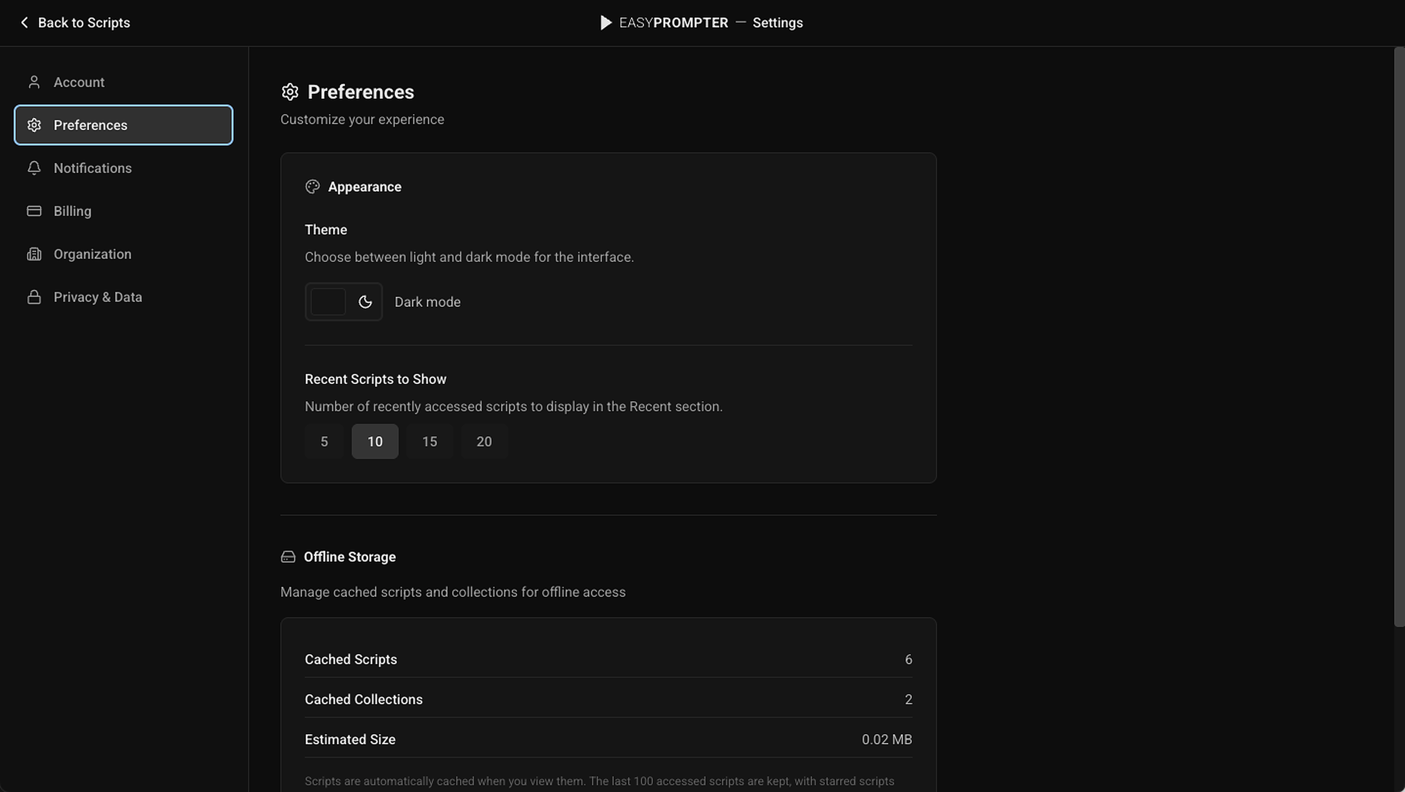 Preferences page with Offline Storage details