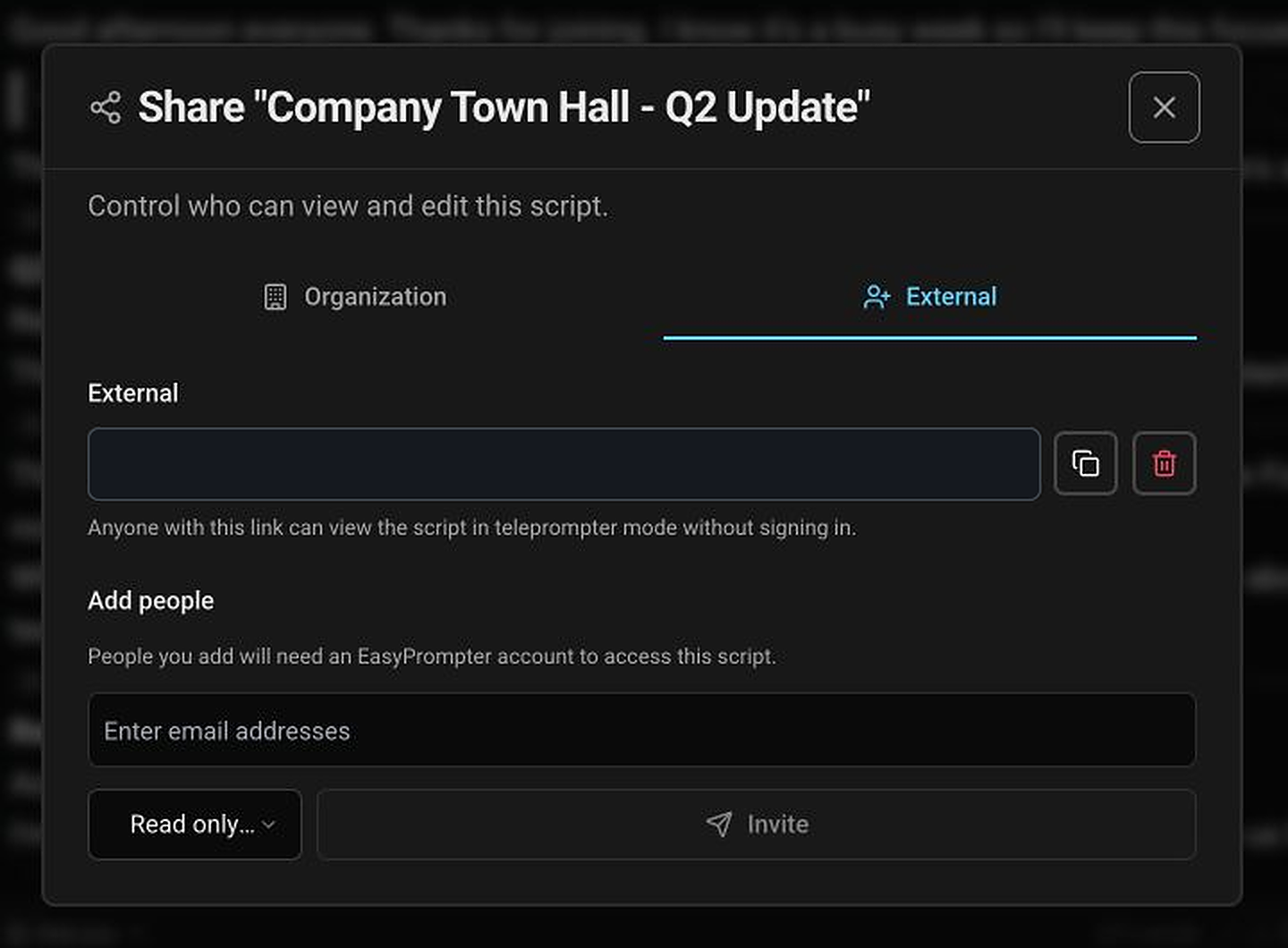 External sharing options with an active read-only link