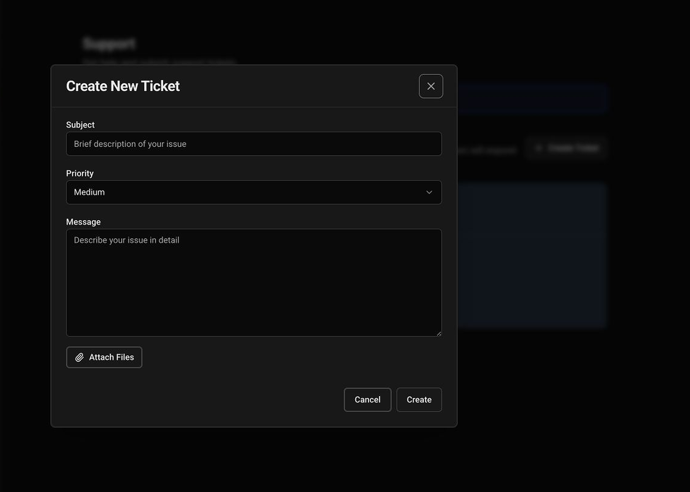 Create New Ticket support dialog